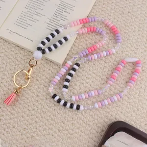 Meerkleurige Acryl Geparelde Lanyard Sleutelhanger Ketting Platte Ronde Ster Kralen ID Badgehouder Telefoonketting Riem Met Roze Quast Goud Legering Sluiting