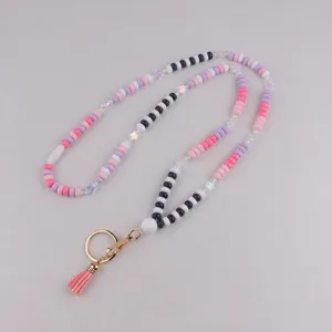 Acryl platte kraal lanyard sleutelhanger met kwastje, gekleurde kralen halsketting.