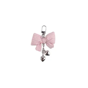 Pink gingham fabric bow keychain cute bag pendant with silver heart charms accessory.