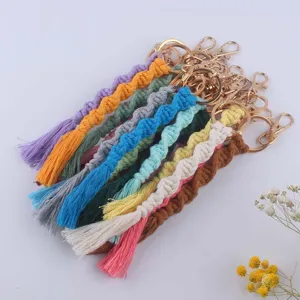 Handmade Woven Cotton Rope Keychain With Gold Alloy Lobster Clasp Bohemian Macrame Tassel Key Ring For Women Bags Car Keys Holder Charm Decor