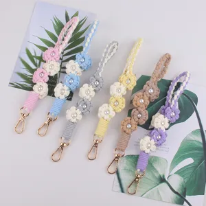 Handmade Woven Pearl Flower Phone Charm Cute Candy Color Keychain Strap Set Gift Idea