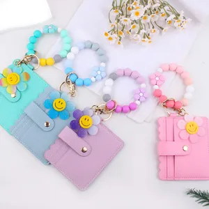 Süßer Sonnenblumen Kartenhalter Schlüsselanhänger mit Silikon Perlen Armband Geldbörse.