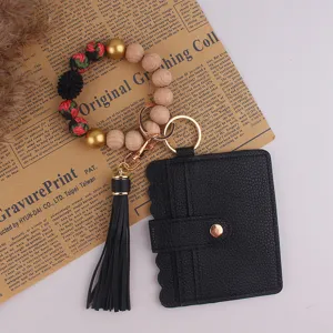 Porte-clés bracelet en perles de bois avec porte-cartes gland noir anneau de clé portefeuille