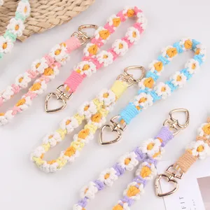 Handmade woven daisy phone strap and keychain with cute heart metal clasp, colorful cute accessory.