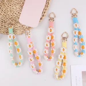 Handmade Woven Daisy Keychain Flower Cotton Rope Phone Lanyard Key Ring With Heart Shaped Metal Clasp Accessory Gift For Women