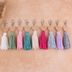 Bohemian style wooden heart cotton tassel keychain bag charm multi-color cute pendant
