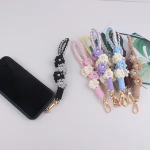 Handmade woven pearl flower phone strap cute candy color lanyard keychain mobile accessory