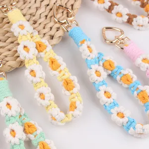 Handmade woven daisy keychain, cute macrame cotton rope phone strap, floral bag pendant charm.