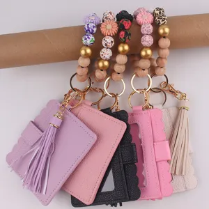 Porte-clés bracelet en perles de silicone et bois avec étui de carte et gland cadeau