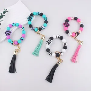 Silicone Dog Paw Print Keychain Bracelet Beaded Bangle Keyring With PU Leather Tassel Alloy Buckle Fashion Accessory For Women Wallet Pendant