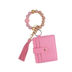 Porte-clés Bracelet en Perles de Silicone et Étui de Carte en Cuir PU avec Gland Rose