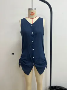 Navy blue sleeveless button-down cotton tunic dress with drawstring side and V-neck