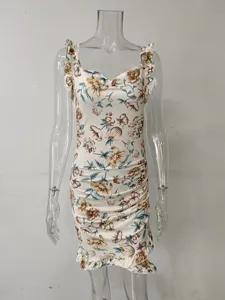 Front view of a summer ruffled sleeveless V-neck bodycon floral dress on a mannequin