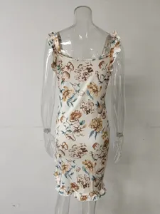 Detailed back view of an elegant summer sleeveless floral ruffle bodycon dress for women