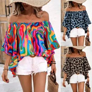 Damen Schulterfrei Marmor Leopardenmuster Rüschen Bluse Locker Lässig Kurzarm Urlaub Sommer Top Mode Hemd