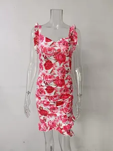 Detail of summer floral sleeveless V-neck bodycon dress with ruffled hem and ruching