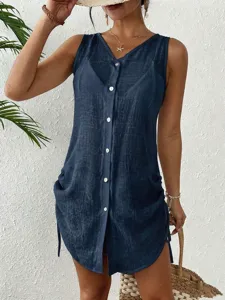 Detailed shot of a summer cotton sleeveless button-down drawstring beach dress cover-up