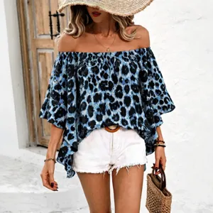 Sommerurlaub blaues Leopardenmuster schulterfreie lockere Freizeitbluse mit Rüschen für Damen
