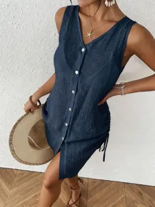 Summer navy blue cotton sleeveless button-down mini dress with side drawstring details