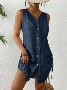 Dark blue sleeveless cotton button-down cover-up dress with drawstring details