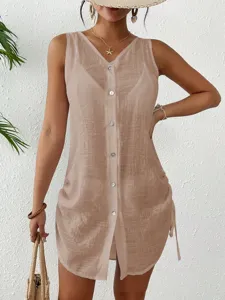 Summer sleeveless cotton cover-up dress with buttons and side drawstring detail in beige