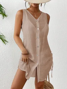 Sleeveless summer cotton button-up cover-up dress featuring adjustable side drawstrings