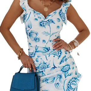 Elegant summer white and blue floral print v-neck dress with ruffle sleeves for women