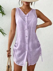 Lavender sleeveless button-down shirt dress with side drawstring detail.