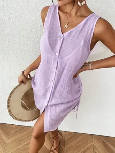 Lavender sleeveless cotton cover-up dress with buttons and drawstring side details