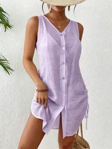 Macro view of light purple sleeveless button-down cotton cover-up with drawstring side
