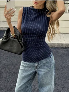 Camiseta sin mangas a rayas chic para mujer con cuello alto y corte ajustado