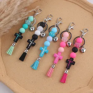 Creative Silicone Beaded Cross Keychain Leather Tassel Pendant Car Bag Charm Rhinestone Bead Key Ring Religious Gift For Women Men