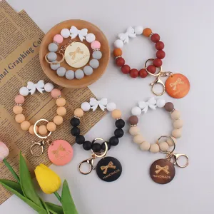 Handmade Mother's Day Bow Silicone Bead Keychain Bracelet With Wood Tag Craft Gift Women Bag Charm Key Ring