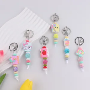 Handgefertigt Silikonperlen Schlüsselanhänger Für Lehrertag Geschenk Karikatur Apfel Bleistift Buch Design Tasche Charm Ornament Mit Legierung Karabinerverschluss Strass