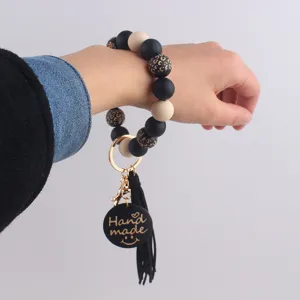 Bracelet porte-clés en perles de silicone avec imprimé léopard gland pendentif femme.