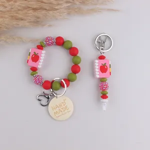 Silicone bead bracelet keychain set with cute apple notebook pendant and handmade tag for gift