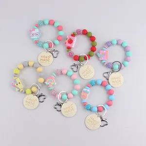 Handmade Silicone Bead Wristlet Keychain With Wooden Sign Print Leather Tag Rhinestone Charm Mother Day Gift Key Ring Pendant