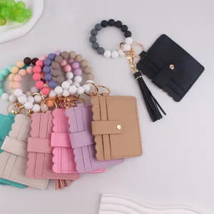Ensemble porte-cartes portefeuille bracelet perles silicone avec détail de porte-clés