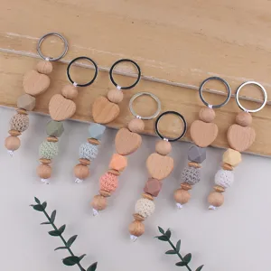 Handmade Beechwood Heart Keychain Silicone Geometric Beads Yarn Woven Balls Creative Bag Pendant Charm Accessories