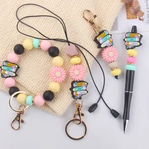 Cartoon Pencil Silicone Beads Keychain Creative DIY Daisy Book Pendant Keychain Ring Soft Silicone Ballpoint Pen For Teachers Gift Graduation Party Ornaments