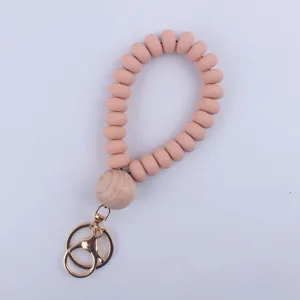 Silicon beaded wristlet keychain with wooden bead and metal clasp for daily use accessory