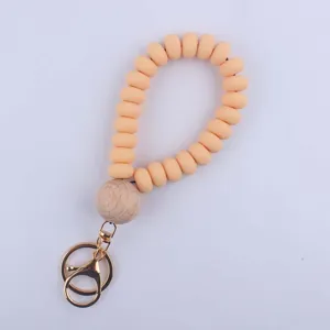 Close-up view of the silicone and wooden bead keychain wristlet detailing texture and clasps.