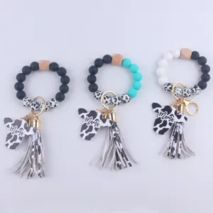 Silicone bead wristlet keychain with cow print tassel and Mama cow head charm for women gift
