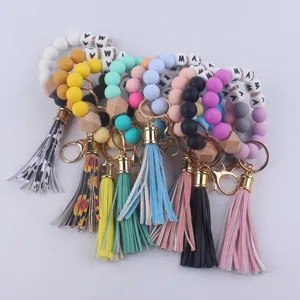 Colorful silicone bead wristlet keychain with leather tassel stylish women accessories