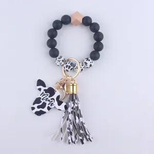 Western Style Silicone Beads Wooden Bead Keychain Bracelet Cow Print Tassel MAMA Bull Head Pendant Wristlet Key Ring For Women Gift