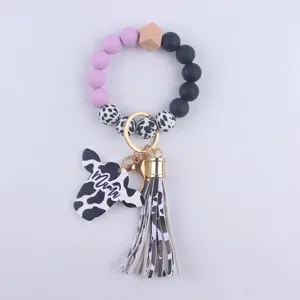 Silicone beaded keychain bracelet with cow print tassel and Mama pendant for women gift
