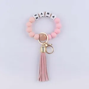 Silicone bead keychain bracelet with MAMA letter wooden charm and pink leather tassel for women