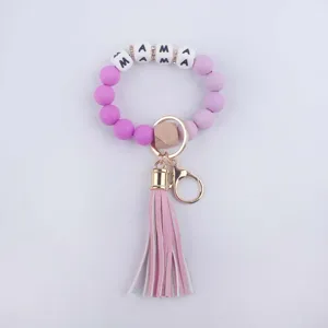 Silicone Bead Wristlet Keychain MAMA Key Ring with Tassel Pink Gradient Women Gift