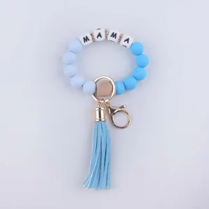 Silicone bead keychain bracelet with MAMA letter beads, wood bead and cute blue tassel.
