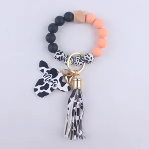 Silicone bead wristlet keychain bracelet with cow print tassel and mama pendant charm